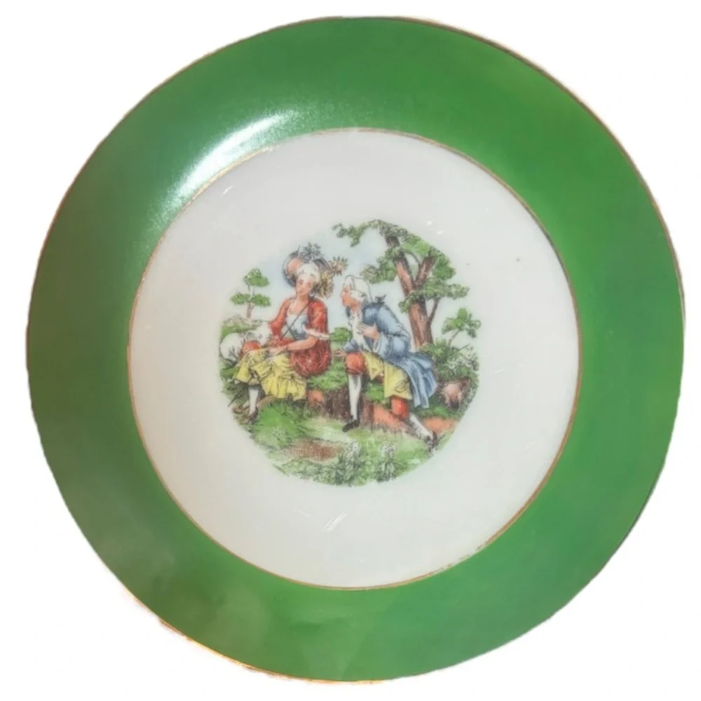 Vintage Courting Couple Plates Set 4 Pc Blume Japan Floral Green White Burgundy